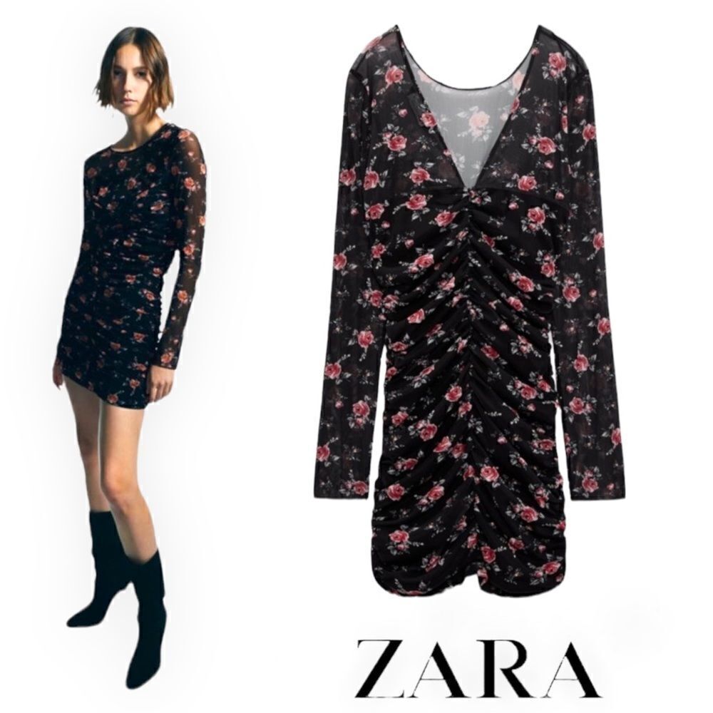 ZARA | Red & Black | FLORAL PRINT TULLE MINI DRESS